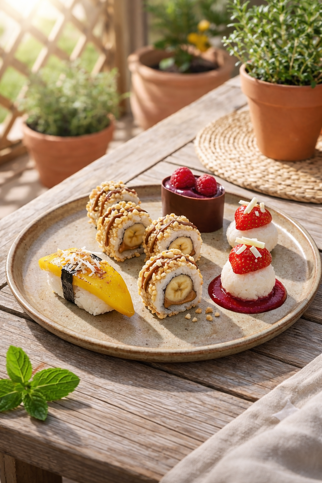 Sushi Dulce delicioso con frutas y chocolate